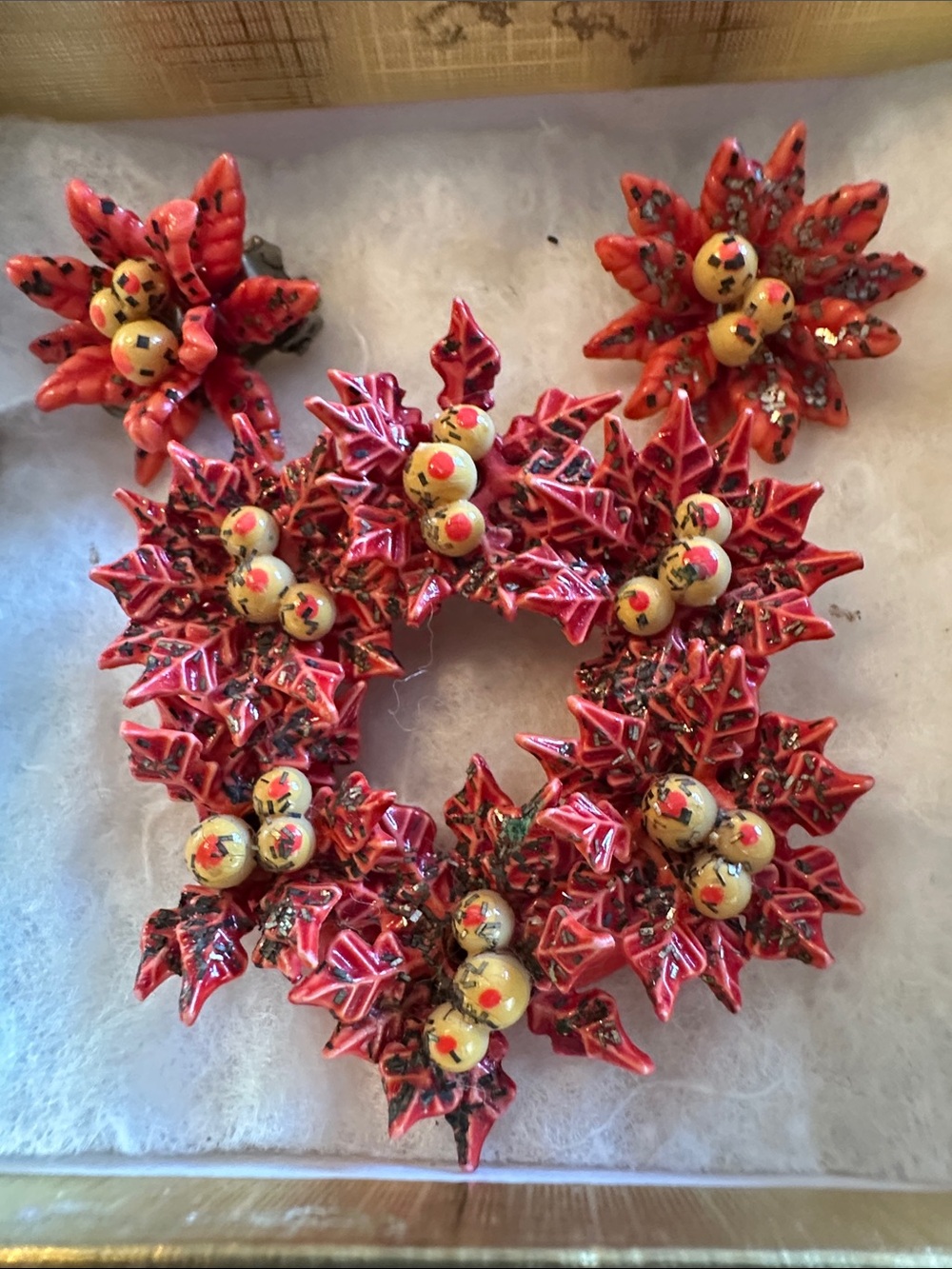 Vintage 1950’s Poinsettia Brooch and Clip Earrings Set Rare